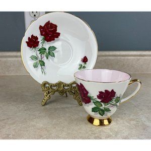 Old Royal Bone China England Deep Red Floral Rose Tea Cup And Saucer Set